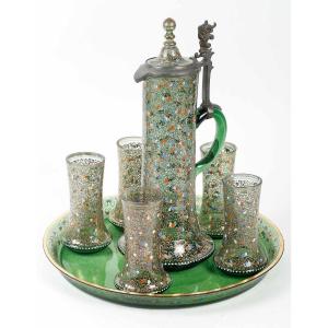 Table Service In Enamelled Green Moser Glass, 19th Century