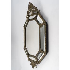Baroque Style Mirror In Gilt Bronze And Beveled Glass
