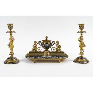 Gilt Bronze And Cloisonné Enamel Desk Inkwell And Candlesticks – Late 19th Century