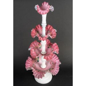 Pink And White Opaline Centerpiece With Floral Decoration – Victorian Style, Late 19th Century