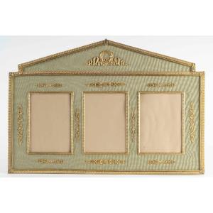 Three-photo Frame In Gilded Brass And Light Green Fabric, Empire Style – 19th Century