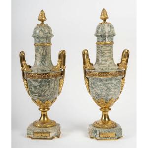 Pair Of Green Marble And Gilt Bronze Cassolettes, Napoleon III Period