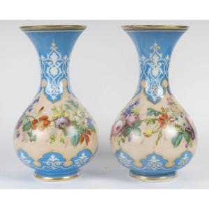Opaline Vases - Pair Of Sky Blue Opaline Vases - 19th Century