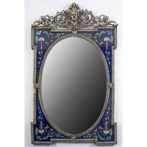 Art Nouveau Mirror In Bronze And Decorated Blue Glass – Circa 1900