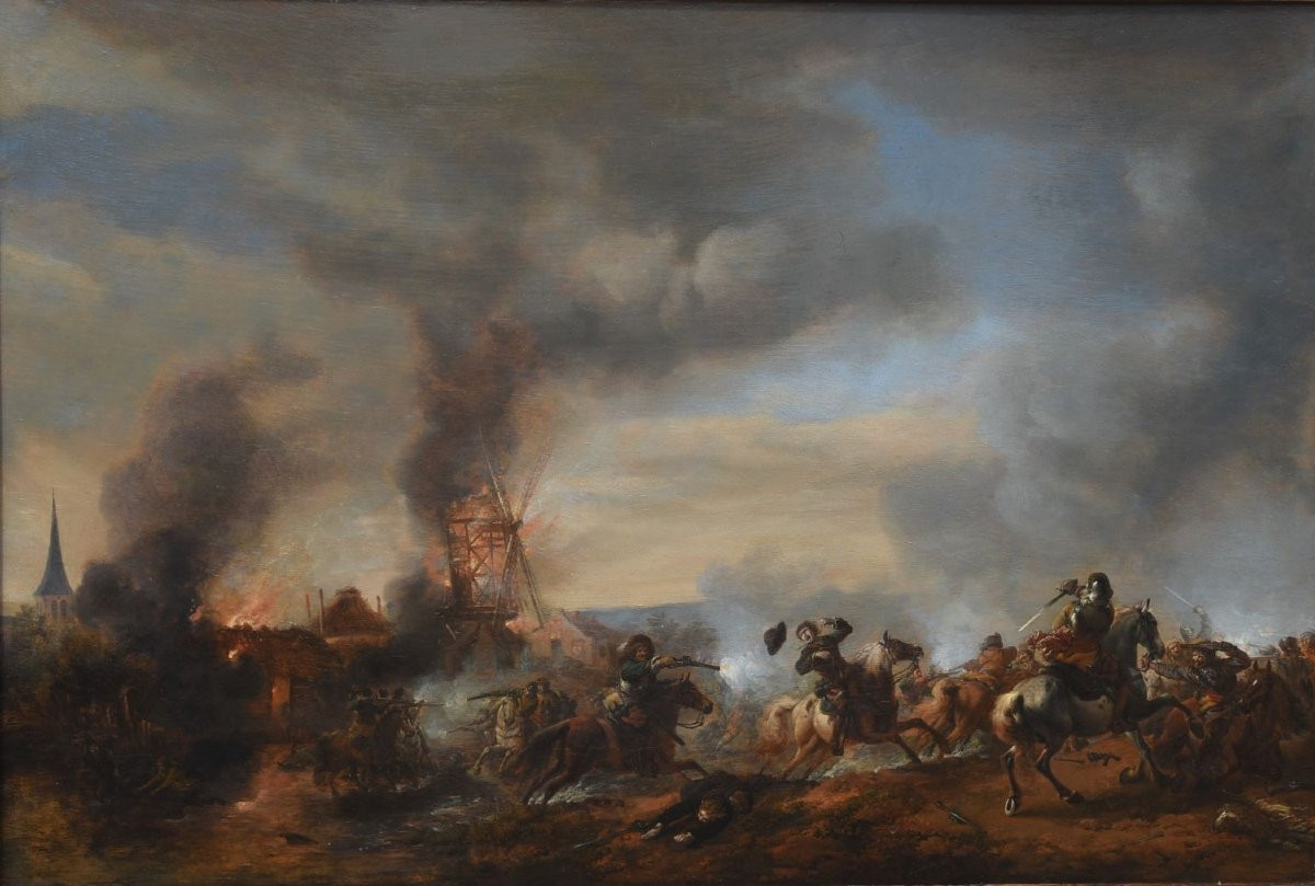 Uno scontro di cavalleria con un mulino a vento in fiamme– PHILIPS WOUWERMAN SECOLO XVII-photo-2