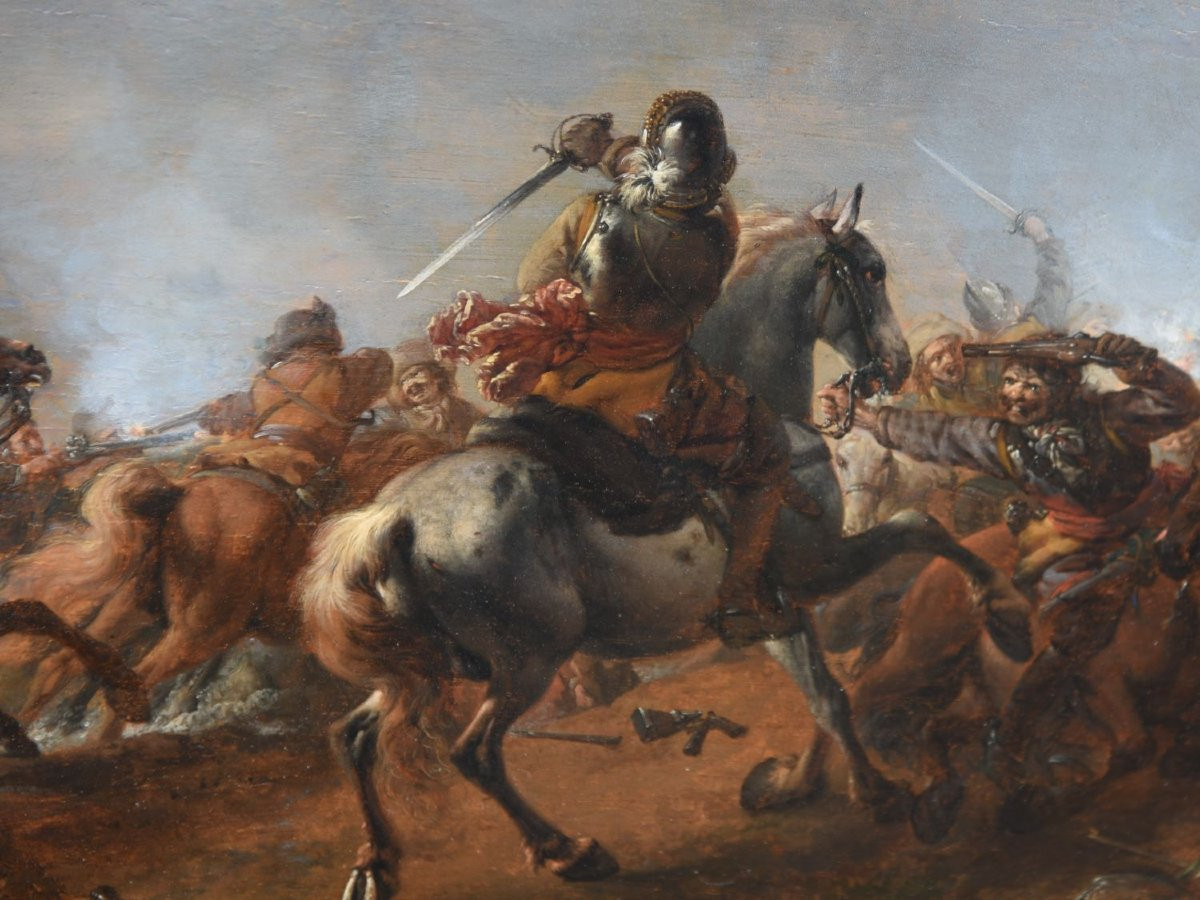 Uno scontro di cavalleria con un mulino a vento in fiamme– PHILIPS WOUWERMAN SECOLO XVII-photo-3