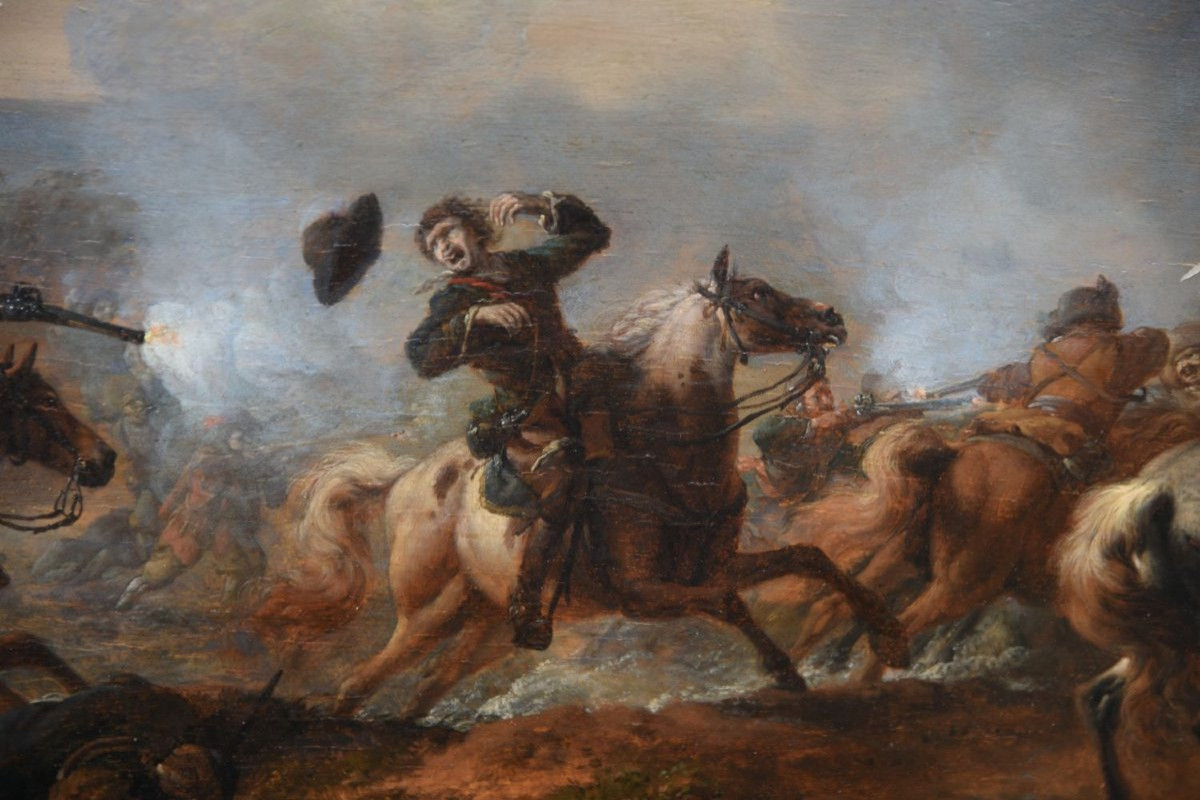 Uno scontro di cavalleria con un mulino a vento in fiamme– PHILIPS WOUWERMAN SECOLO XVII-photo-4