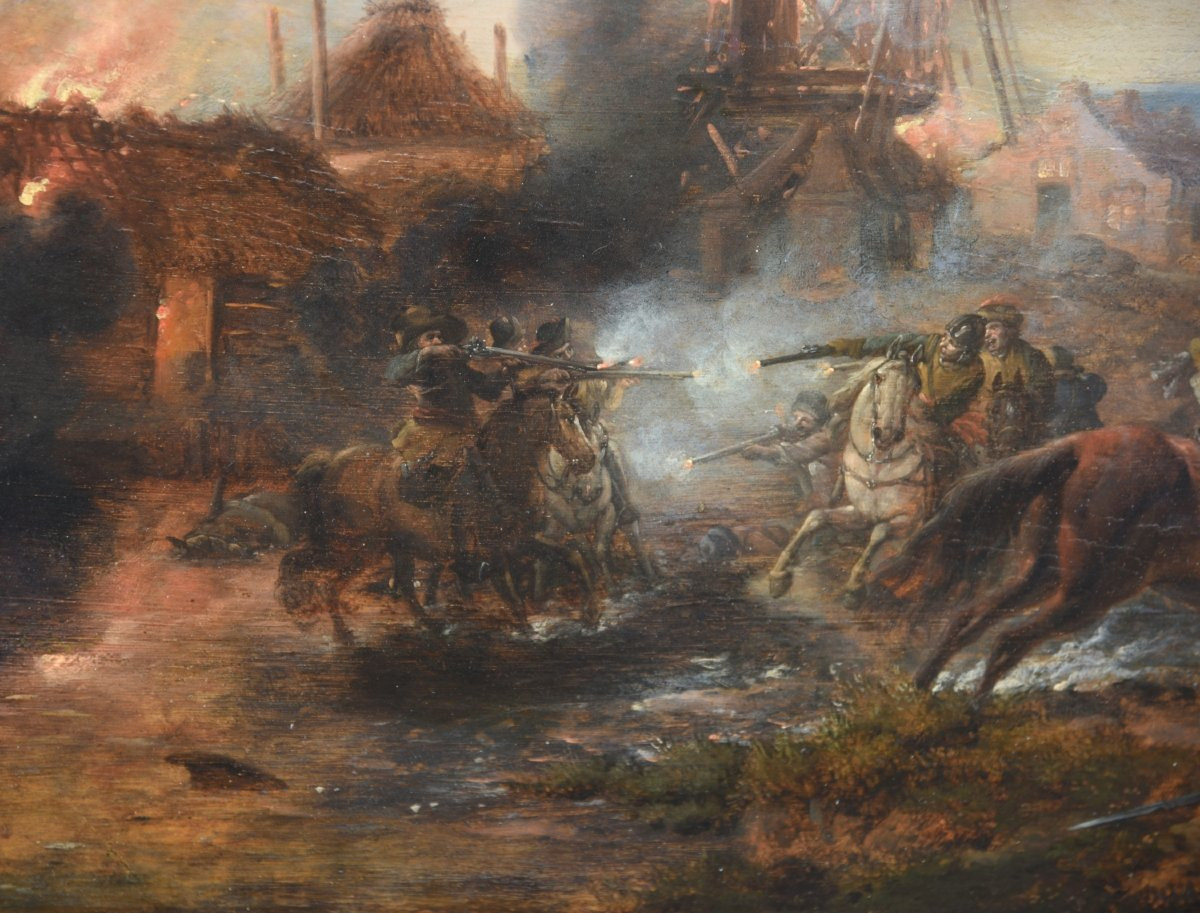 Uno scontro di cavalleria con un mulino a vento in fiamme– PHILIPS WOUWERMAN SECOLO XVII-photo-1