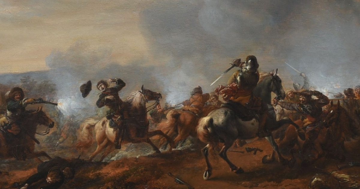 Uno scontro di cavalleria con un mulino a vento in fiamme– PHILIPS WOUWERMAN SECOLO XVII-photo-2