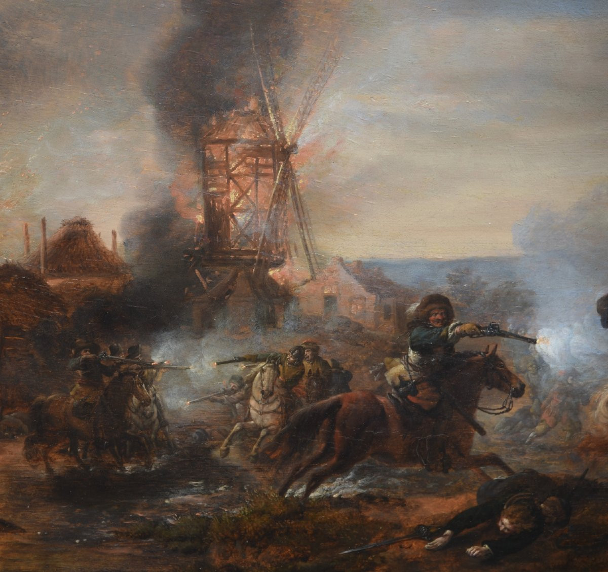 Uno scontro di cavalleria con un mulino a vento in fiamme– PHILIPS WOUWERMAN SECOLO XVII-photo-4