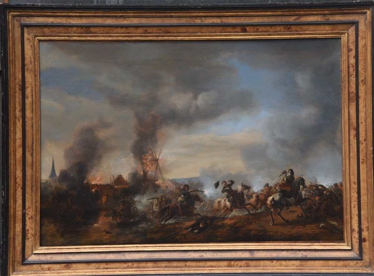Uno scontro di cavalleria con un mulino a vento in fiamme– PHILIPS WOUWERMAN SECOLO XVII