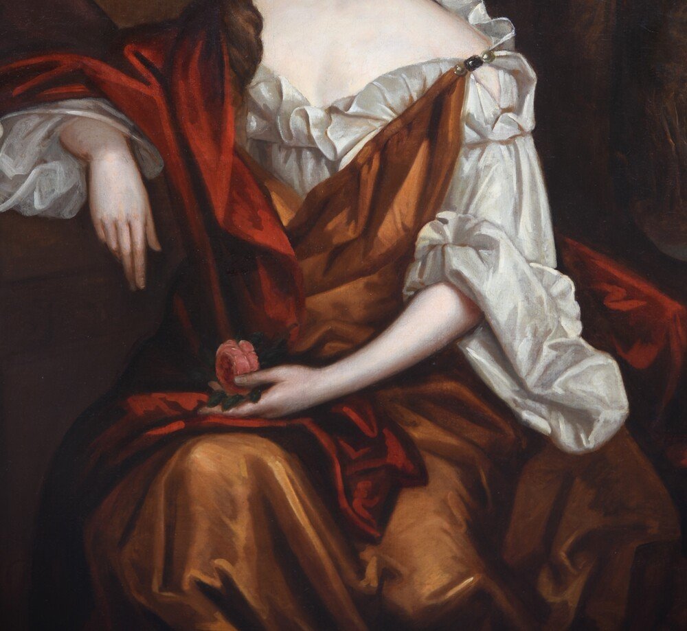 Ancien Portrait d'Une Gentilwoman De l'Ecole Anglaise Du XVIIe Siècle-photo-3