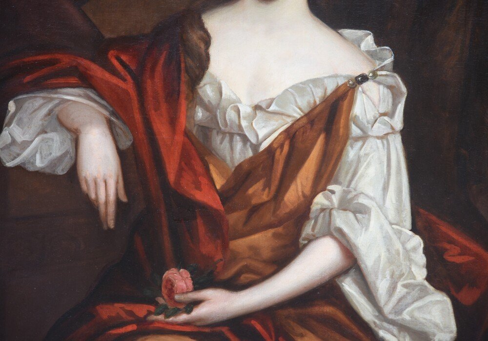 Ancien Portrait d'Une Gentilwoman De l'Ecole Anglaise Du XVIIe Siècle-photo-1