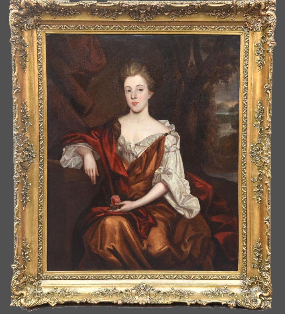 Ancien Portrait d'Une Gentilwoman De l'Ecole Anglaise Du XVIIe Siècle