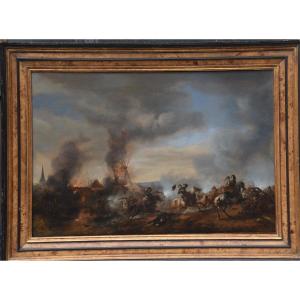 Uno scontro di cavalleria con un mulino a vento in fiamme– PHILIPS WOUWERMAN SECOLO XVII