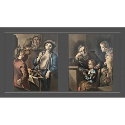 Paire De Tableaux Anciens Du 17ème Siècle