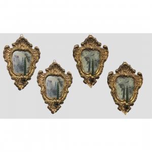 Quatre Anciens Petits Miroirs Louis XIV (éventails) En Papier Machè