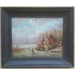 Flemish School Painting 19th Century - Landscape With Skaters