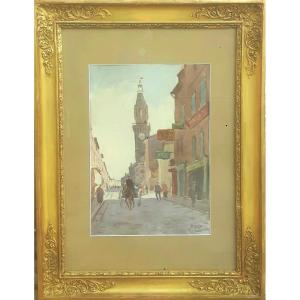 Watercolor Painting Animated Scene View Of Avignon Street Carreterie Eugène Yvan 20th Century