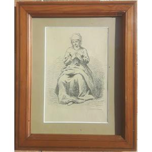 Ink Drawing Early 19th Century Woman Knitting