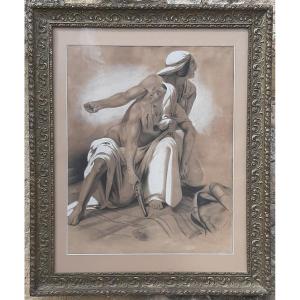 Orientalist Drawing In Charcoal/pastel - Berber Warriors After Horace Vernet - Signed And Dated