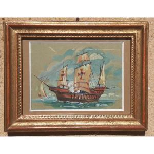 Small Marine Representing A Renaissance Caravel - Gouache