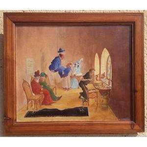Humorous Painting -early 20th Century - Bawdy Scene From A Song By Jean Péheut (1872-147)