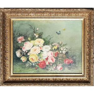 Late 19th Century Painting - Rose Bed In A Garden With Butterflies