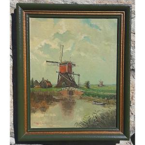 Painting Flemish Landscape XXth Century Signed H.bakker