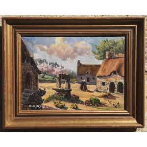 Animated Painting Breton Farm Landscape 20th Century - Signed Cario