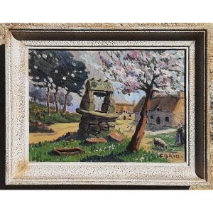 Painting Breton Landscape Farmyard With Well - Signed Cario