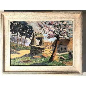 Painting Breton Landscape Farmyard With Well - Signed Cario