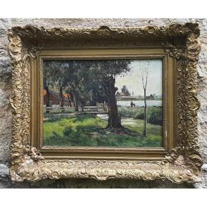 Impressionist Landscape Painting - Lakeside With Fisherman - Late 19th Century