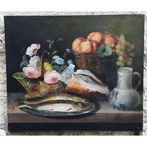 Still Life Painting With Fish XIX° Century Signed And Dated Guillaumet 1848
