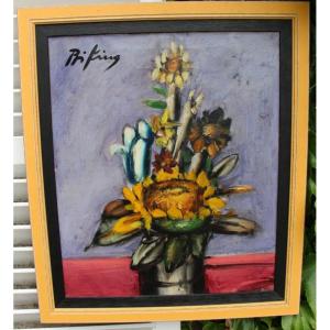 Oil On Canvas "bouquet Of Flowers" Sunflowers By Franz Priking 