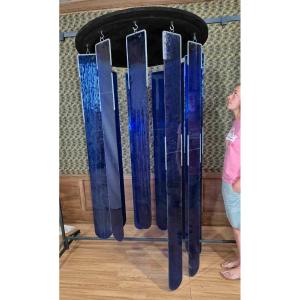 Huge 70s Chandelier In Royal Blue Stained Glass 220 Cm High