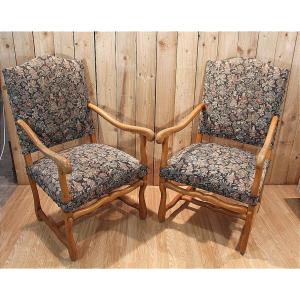 Pair Of Louis XIII Style Armchairs In Sheep Bone, Needlepoint Tapestry