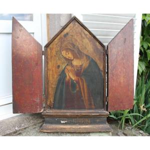 Large Triptych Painted Panel Of The Virgin Mary, 18th Century Italian