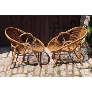 Pair Of Rattan Armchairs By Audoux-minnet