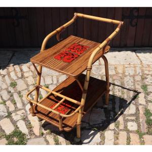 Rattan And Ceramic Rolling Table By Audoux-minnet, Circa 1950