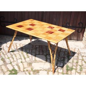 Rectangular Rattan And Ceramic Table By Audoux-minnet, Circa 1950