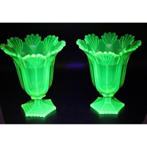 Pair Of 19th Century Uraline Crystal Vases 