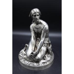 Bronze Of Joan Of Arc With Silver Patina, Barbedienne 19th Century