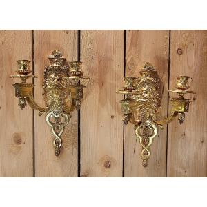 Pair Of Gilt Bronze Wall Lights Signed By Etienne Giraud In Lyon