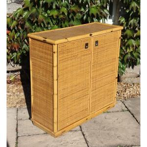 Low Sideboard In Rattan And Bamboo Signed By Dal Vera Italy 1960