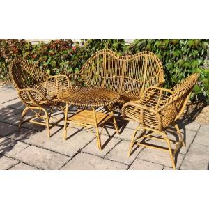 Rattan And Bamboo Lounge Set, Italy, 1960s, Attributed To Franco Albini