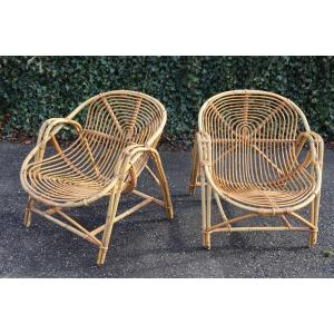 Pair Of Rattan Armchairs Attributed To Audoux Minnet 