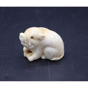Carved Ivory Netsuke, Japan, Meiji Period (1868–1912), Crouching Boar, Signed