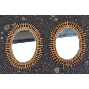 Pair Of Oval Rattan Mirrors By Franco Albini Year 60