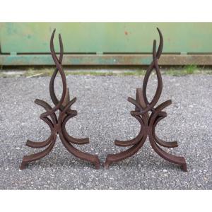 Pair Of Chenets Attributed To Raymond Subes, Flame Model